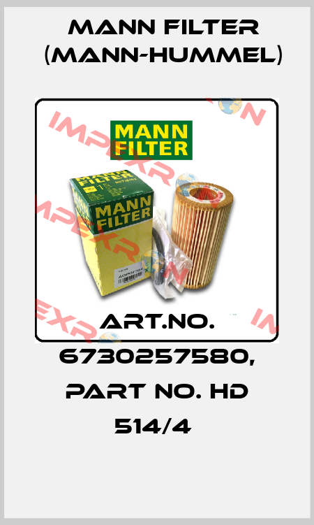 Art.No. 6730257580, Part No. HD 514/4  Mann Filter (Mann-Hummel)