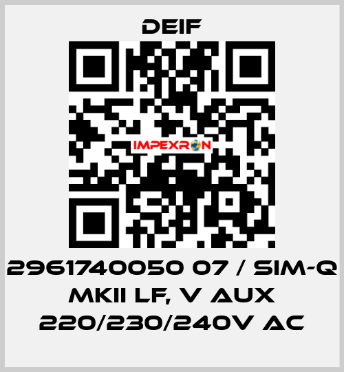 2961740050 07 / SIM-Q MKII LF, V aux 220/230/240V AC Deif